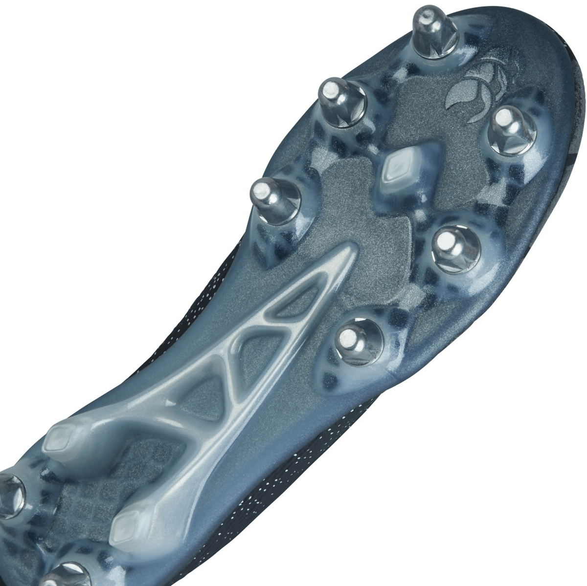 Close-up view of the sole of the Canterbury Stampede Groundbreak Elite SG - Black/Silver Metallic soccer cleat, showcasing metal studs and a structural design for grip and stability.