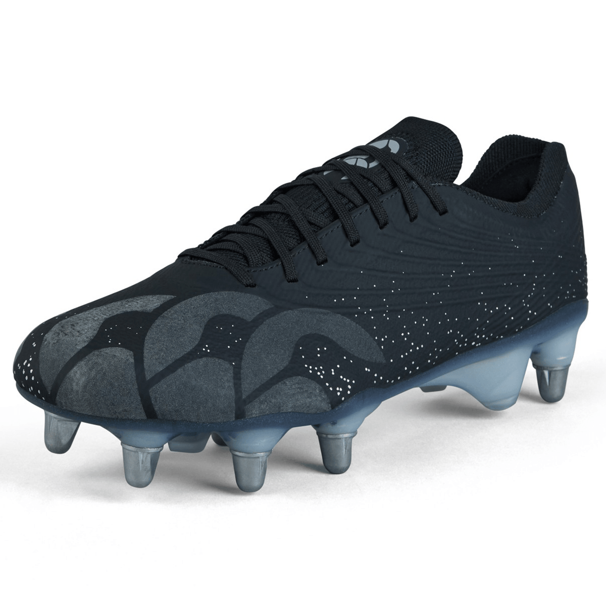 The Canterbury Stampede Groundbreak Elite SG Cleat in Black/Silver Metallic showcases a sleek pattern of shades and features six metal studs on the sole. Displayed against a white background, this cleat is compatible with the WRS M5 Stud Kit for easy replacement studs.