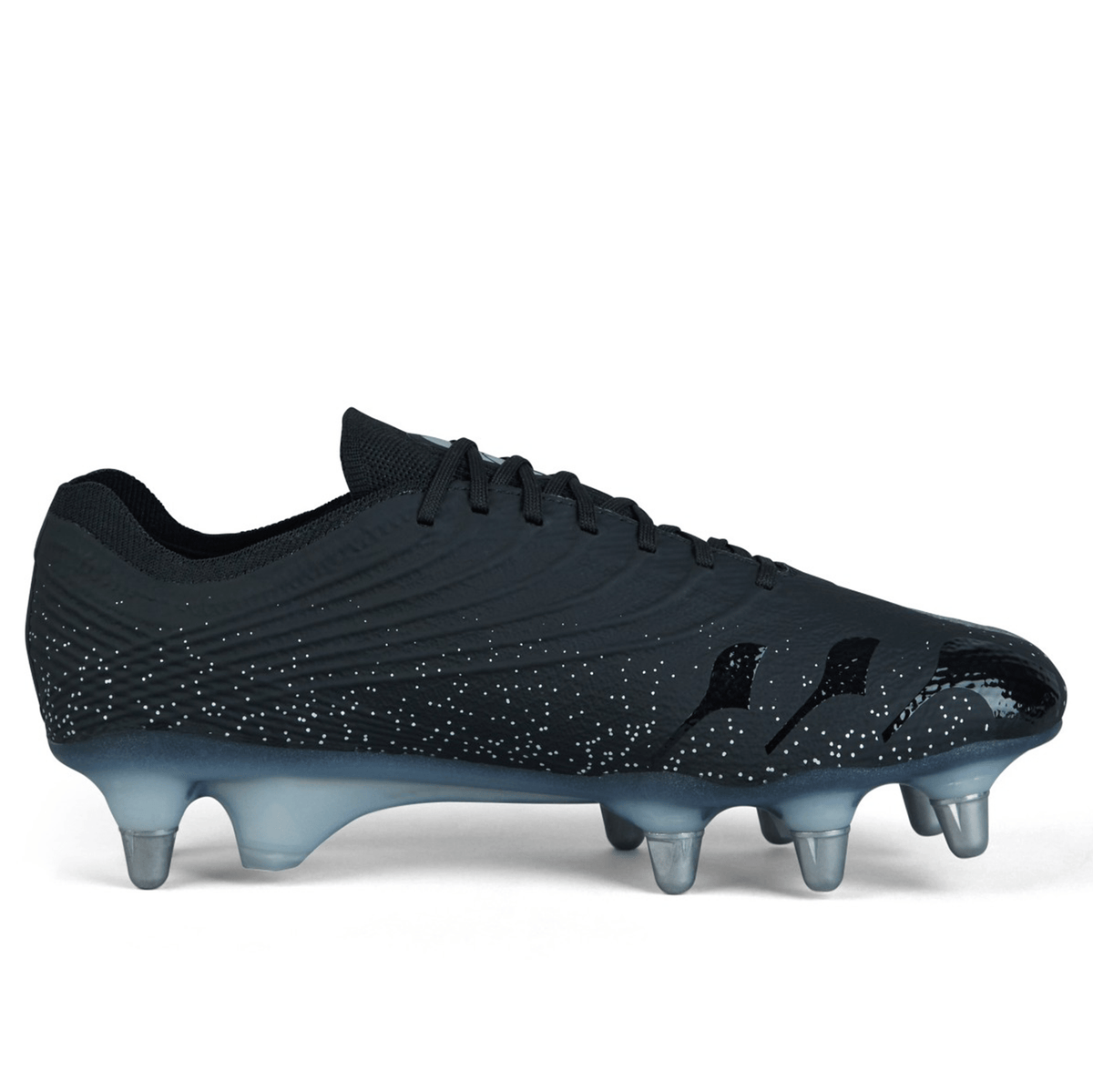 The Canterbury Stampede Groundbreak Elite SG - Black/Silver Metallic cleat showcases a sleek black design with silver accents and multiple metal studs on the sole for optimal traction. For added convenience, consider the WRS M5 Stud Kit from Canterbury for replacing worn-out studs.