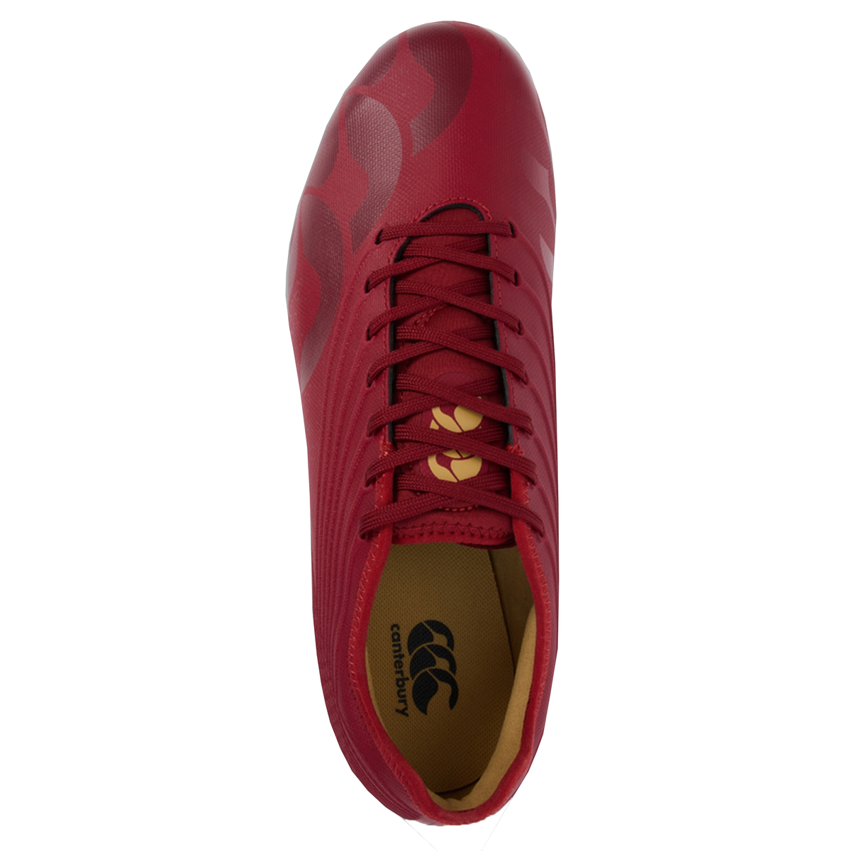 The Canterbury Stampede Groundbreak Pro SG - Red Dahlia is a red rugby boot featuring black laces and a yellow Canterbury logo on the insole, shown from above against a white background—ideal for soft ground play.