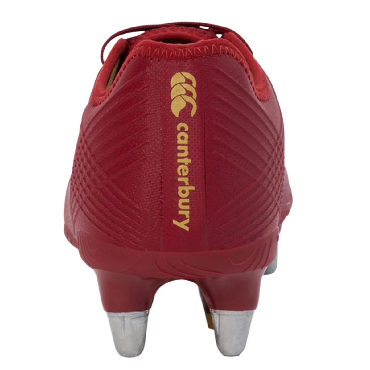 Rear view of the Canterbury Stampede Groundbreak Pro SG - Red Dahlia by Canterbury, featuring gold branding and two metal studs on the sole—ideal soft ground rugby boots for players seeking reliability.