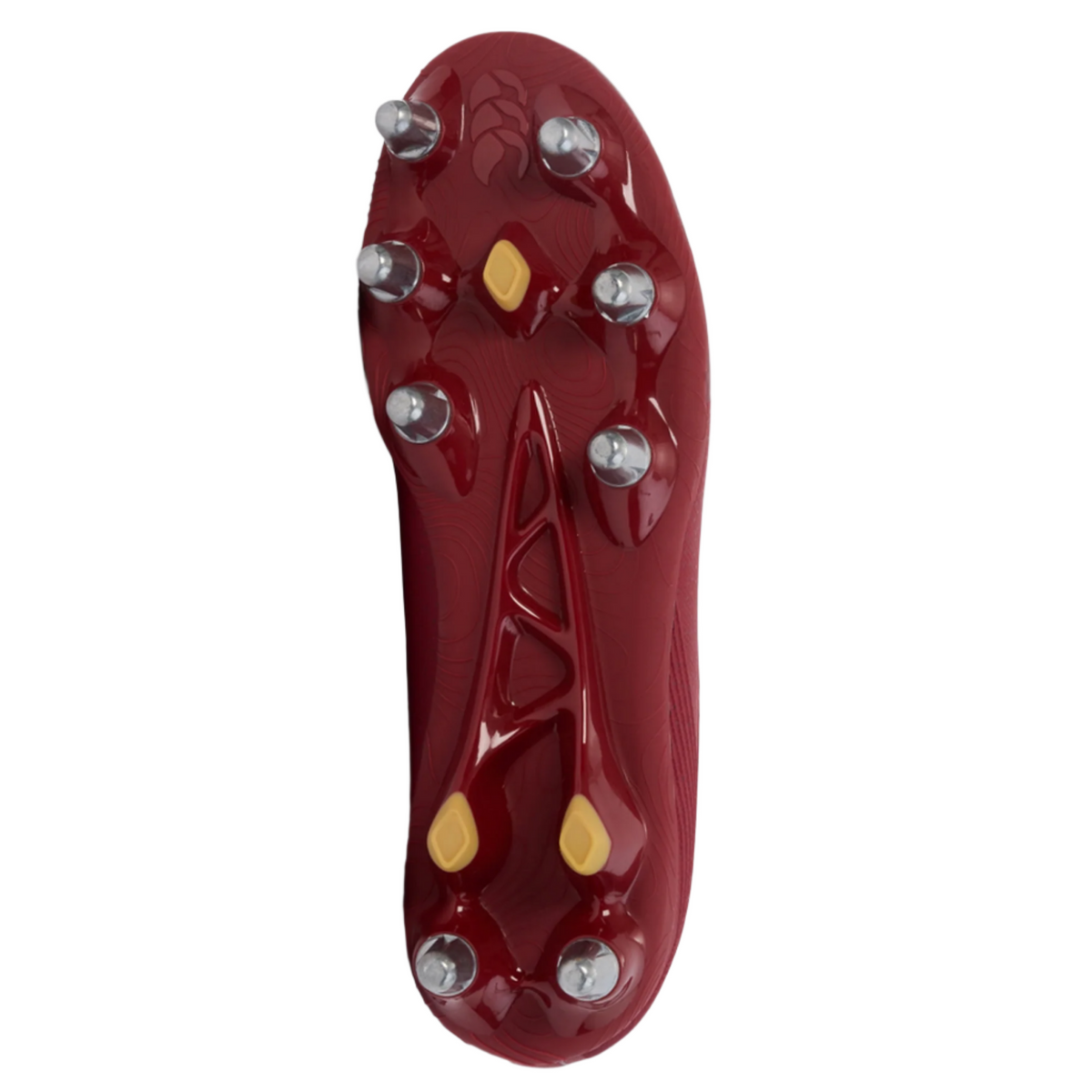 The Canterbury Stampede Groundbreak Pro SG - Red Dahlia sole features six metal studs and two yellow grip pads, offering exceptional grip and stability—making it an ideal soft ground rugby boot from Canterbury.