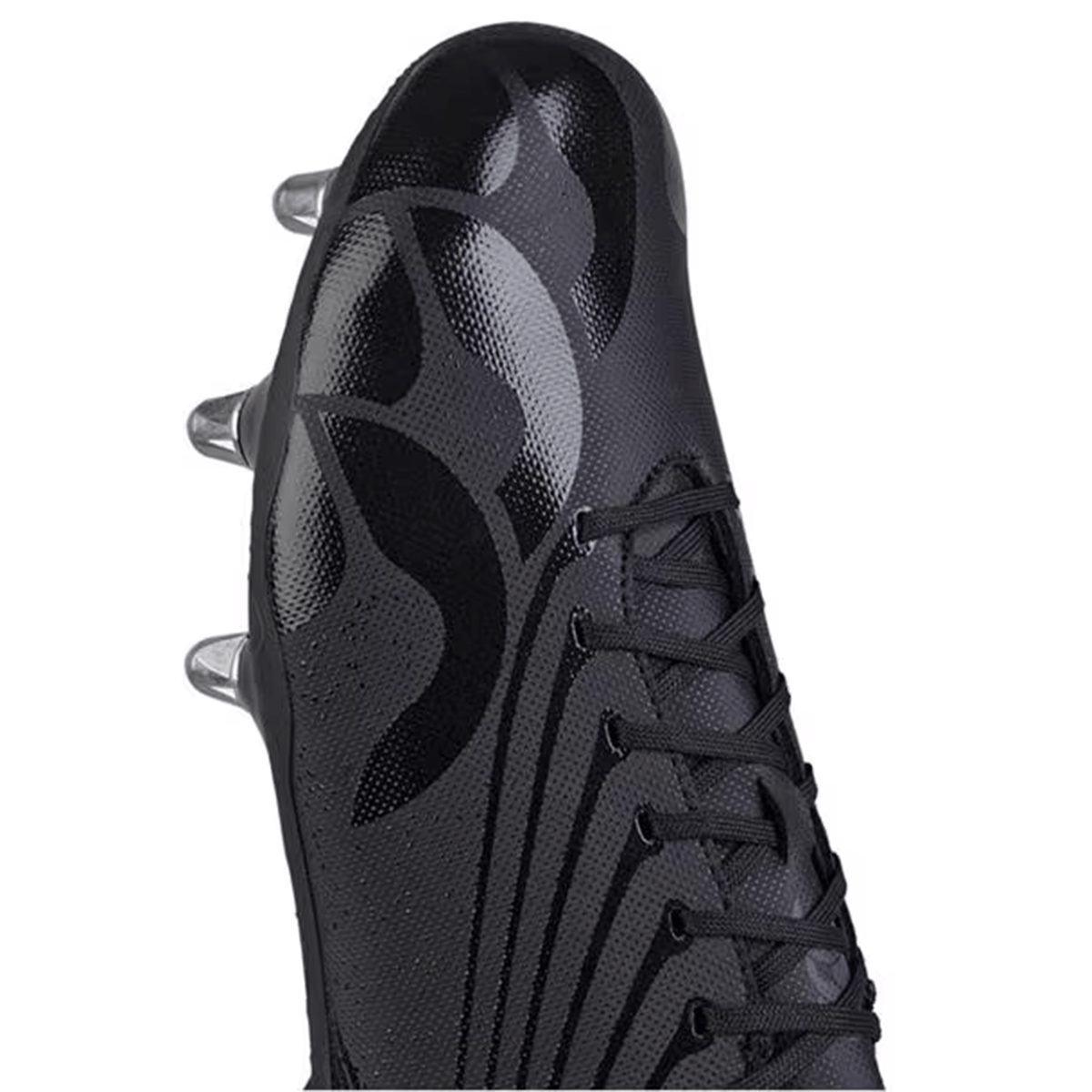 Close-up of a sleek black soccer cleat with a textured surface and laces, featuring Canterbury&#39;s Stampede Performance Stud Pack metallic sole. Ideal for top performance seekers.