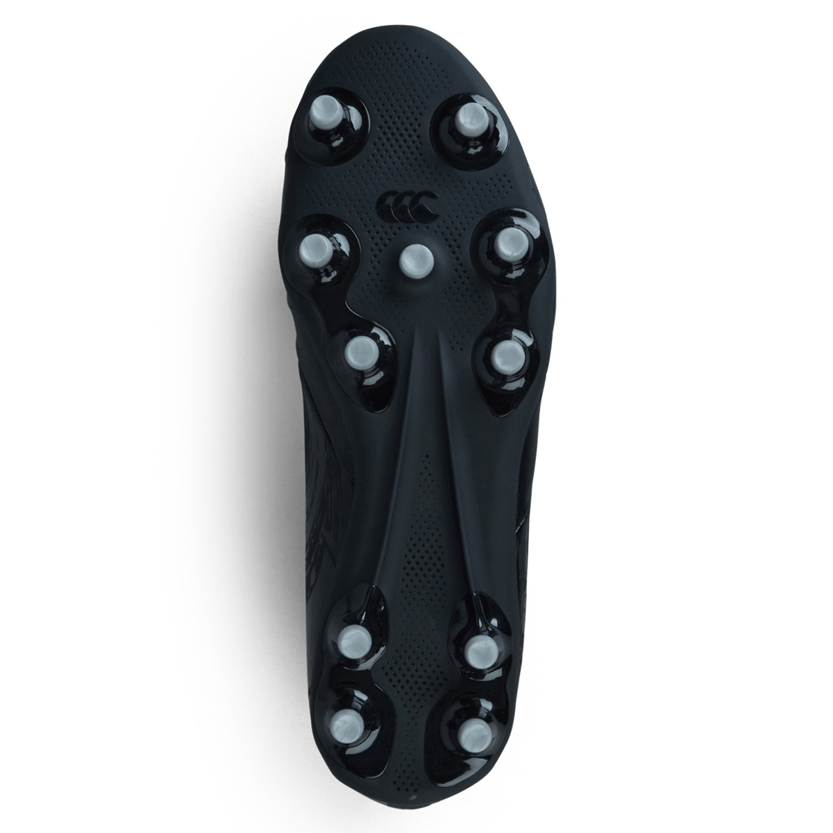 The bottom view of the black Canterbury Phoenix Genesis Pro FG - Black/Silver Metallic rugby boot reveals eight metal studs and the CCC logo, showcasing a firm-ground design with TPU-reinforced mesh.