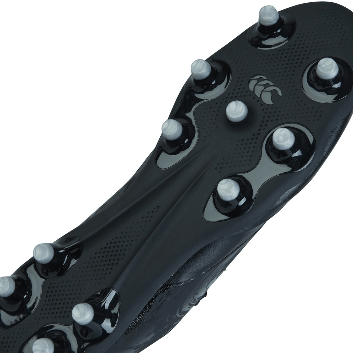 Close-up of the underside of the Canterbury Phoenix Genesis Pro FG - Black/Silver Metallic soccer cleat by Canterbury, showcasing nine white studs and logo, with TPU-reinforced mesh for durability in its firm-ground design.