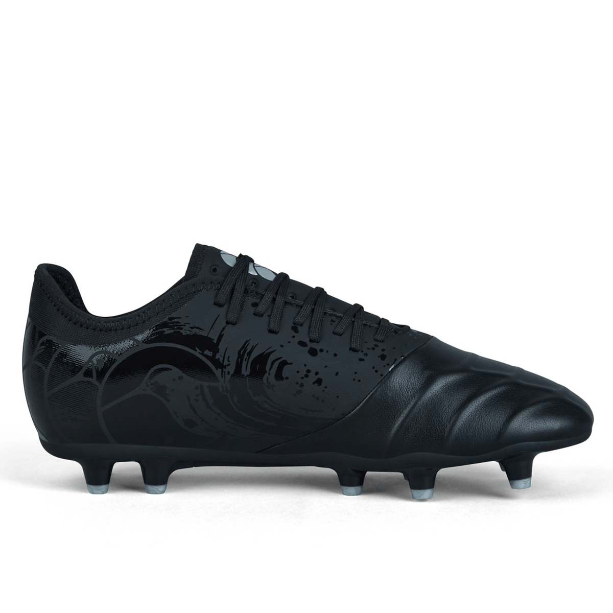 The Canterbury Phoenix Genesis Pro FG - Black/Silver Metallic is a black soccer cleat featuring a TPU-reinforced mesh upper, laces, and conical studs on the sole. Designed for optimal performance on both grass and artificial turf, this firm-ground cleat by Canterbury offers outstanding versatility.