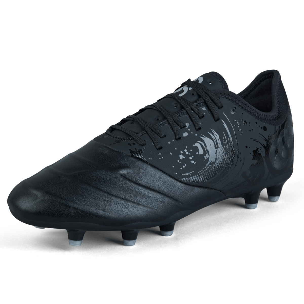 The Canterbury Phoenix Genesis Pro FG in Black/Silver Metallic boasts a TPU-reinforced mesh and textured design, featuring black laces and a firm-ground sole with studs for optimum traction.