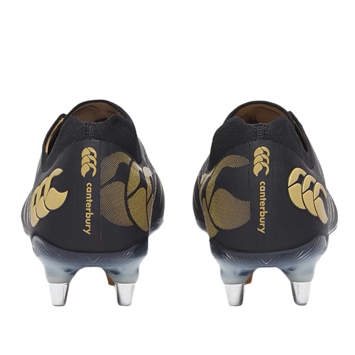 A pair of Canterbury Phoenix 2.0 Elite SG rugby boots in black with gold accents and metal studs, shown from the back on a plain background.
