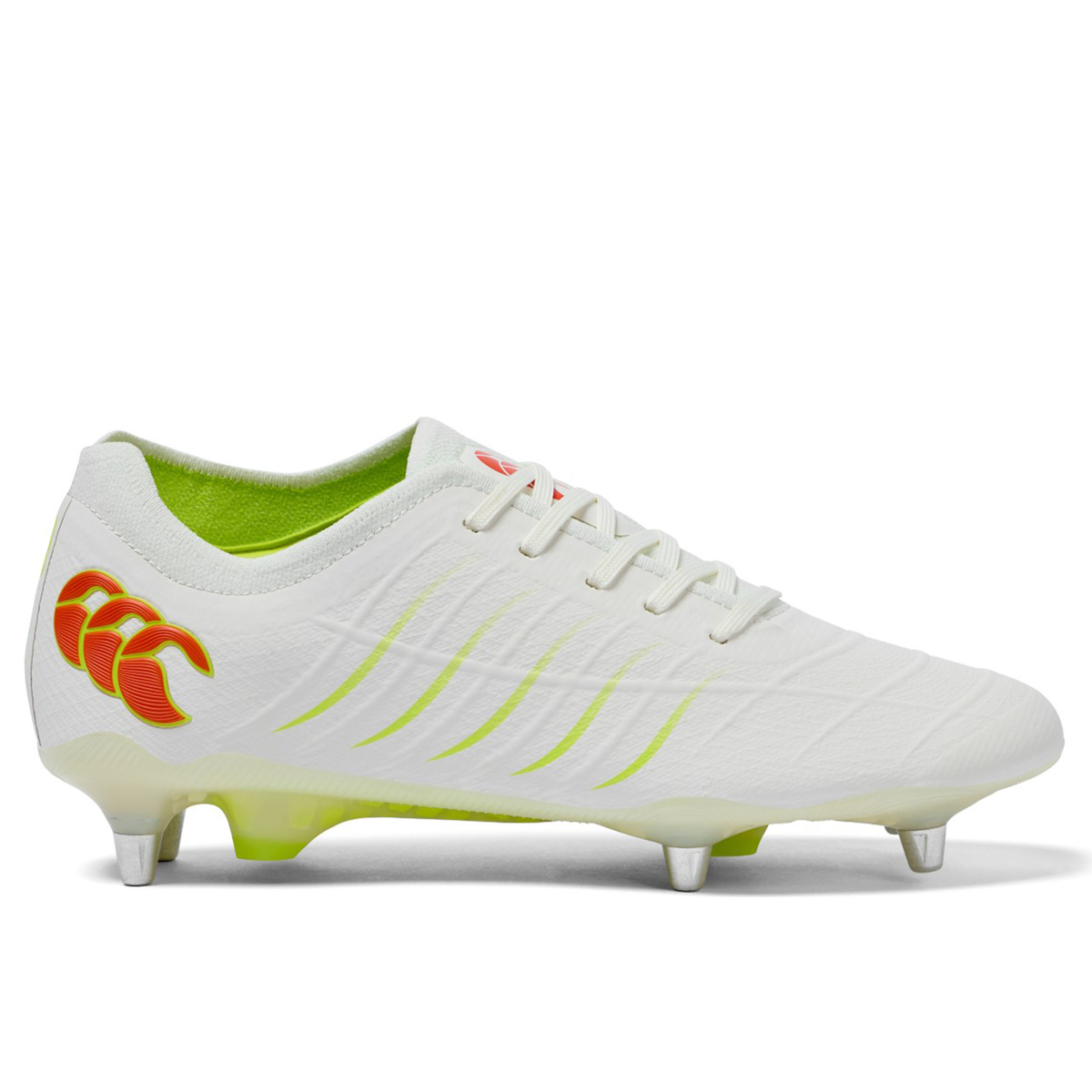 The Canterbury Phoenix 2.0 Elite SG in Snow White/Tangerine Tango features yellow accents, an orange heel logo, white laces, and metal studs—a versatile soft ground rugby boot shown on a plain background.
