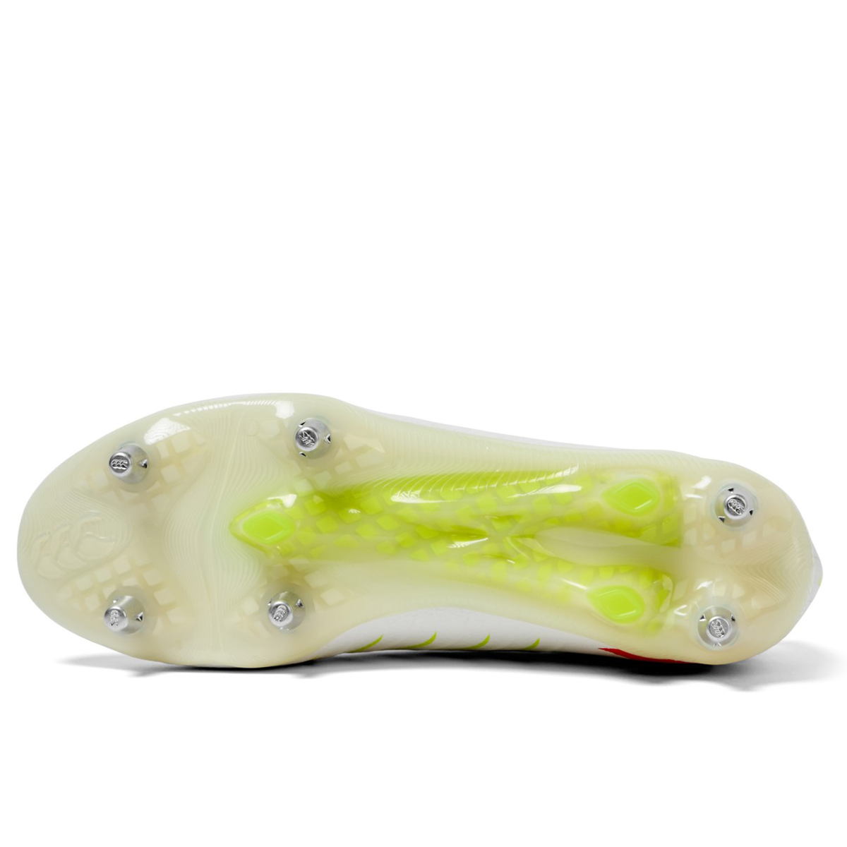 The Canterbury Phoenix 2.0 Elite SG - Snow White/Tangerine Tango features a white sole with six metal studs and striking tangerine accents, delivering a blend of style and performance on soft ground.