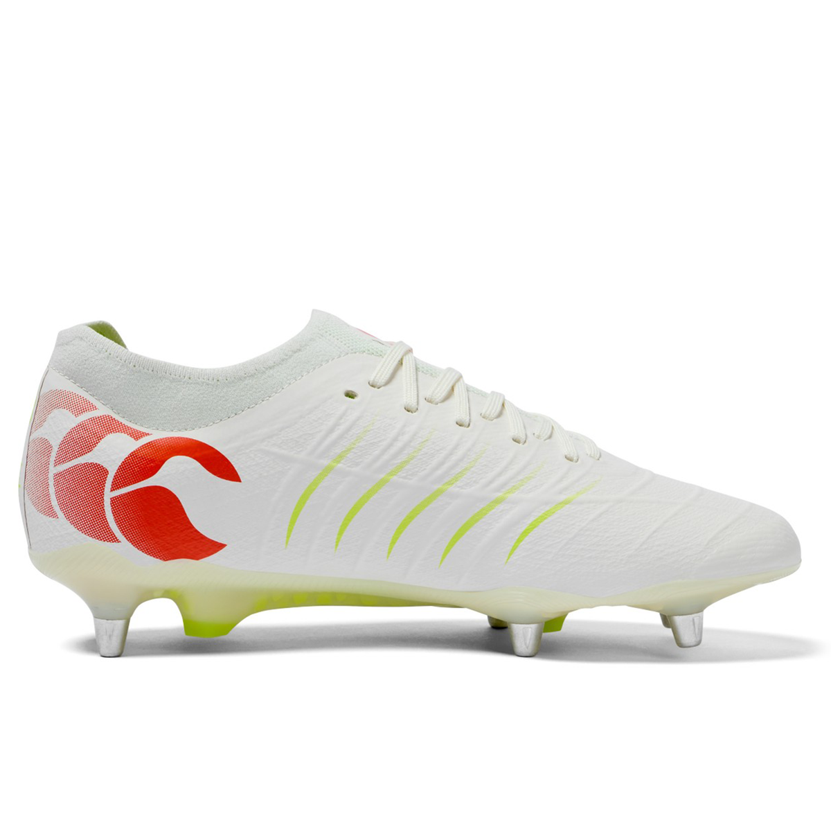 The Canterbury Phoenix 2.0 Elite SG in Snow White/Tangerine Tango features yellow accents, red heel branding, and metal studs—this soft ground soccer cleat is displayed in a sleek side profile view.