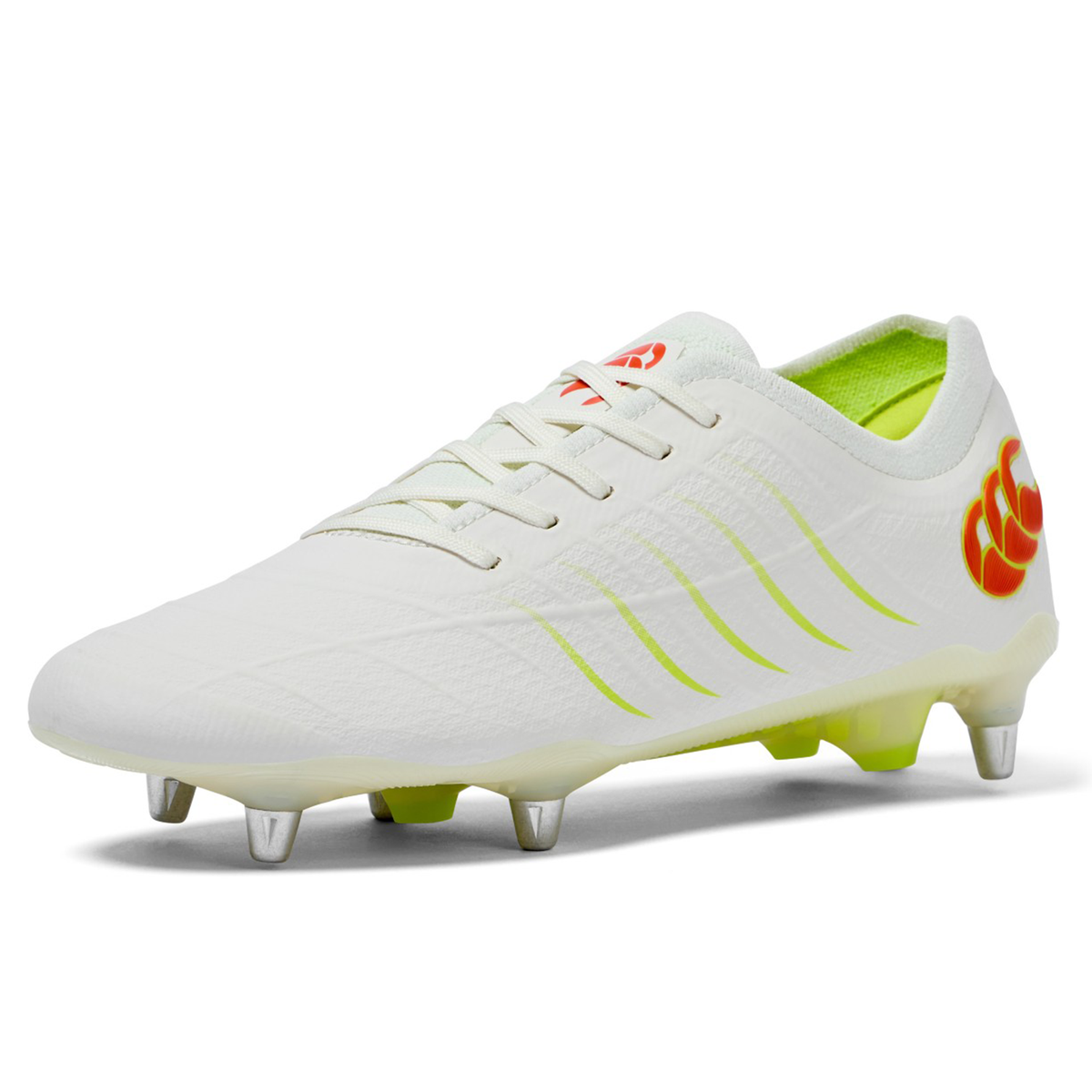 The Canterbury Phoenix 2.0 Elite SG rugby boot in Snow White/Tangerine Tango features metal studs, yellow accents, and an orange logo on the heel—a versatile soft ground boot for serious players, shown on a white background.