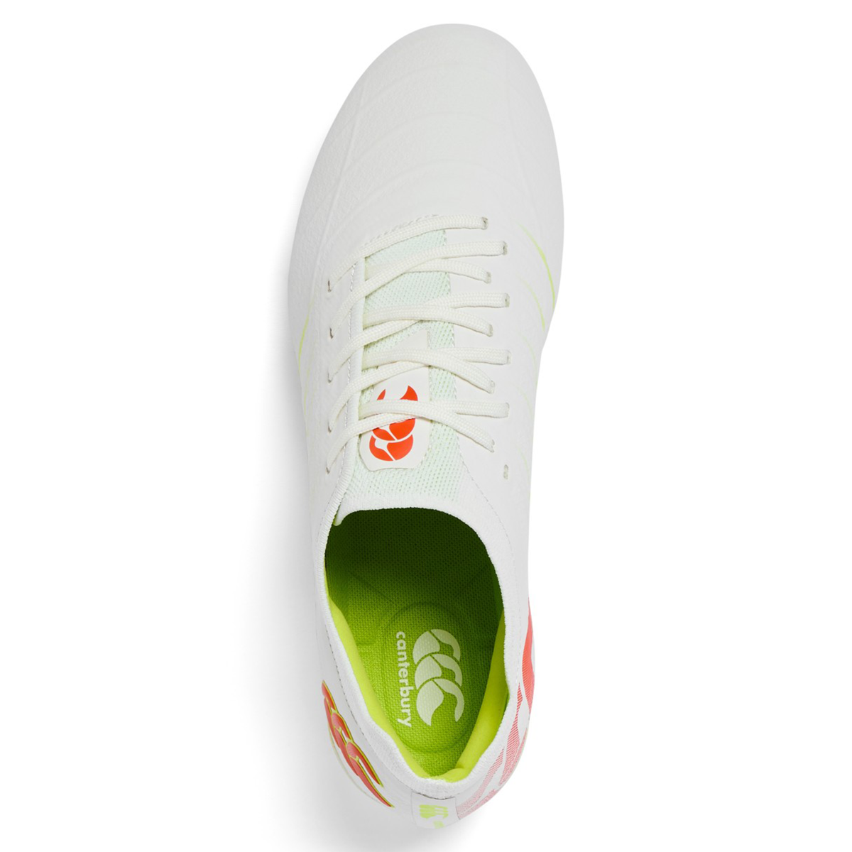 Top view of the Canterbury Phoenix 2.0 Elite SG - Snow White/Tangerine Tango, a versatile soft ground rugby boot with a white and tangerine design, lime green interior, and Canterbury branding—built for dynamic play.
