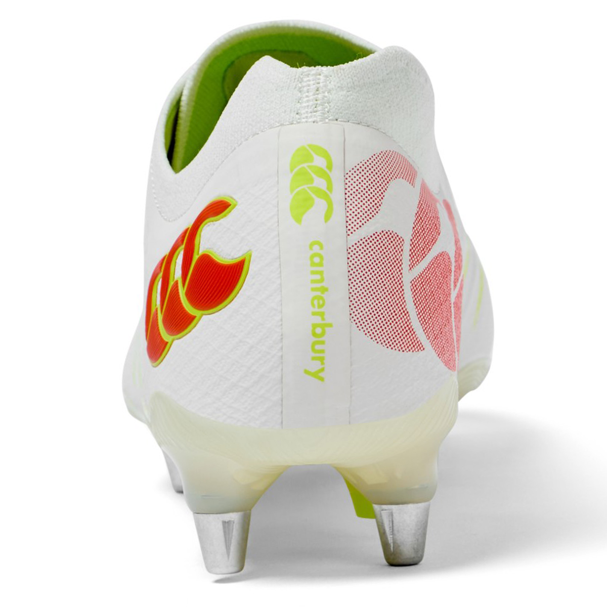 Rear view of the Canterbury Phoenix 2.0 Elite SG - Snow White/Tangerine Tango boot, featuring metal studs and bold red and yellow Canterbury logos on the heel.