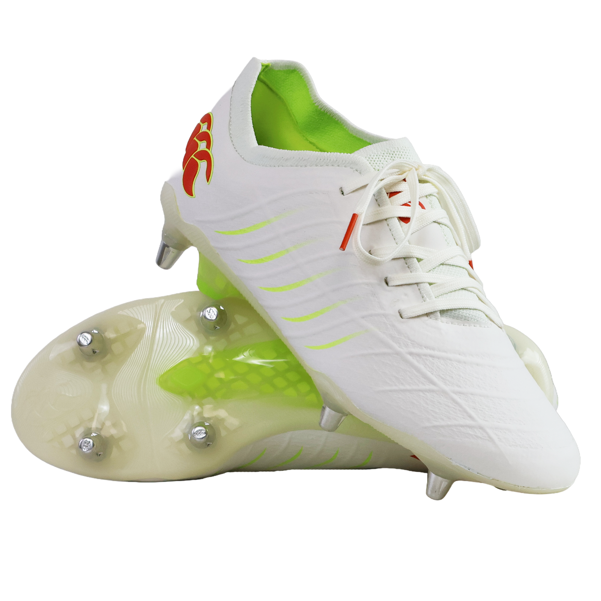 The Canterbury Phoenix 2.0 Elite SG rugby boots in Snow White/Tangerine Tango feature neon green lining, red accents, and metal studs, and are displayed on a plain white background.