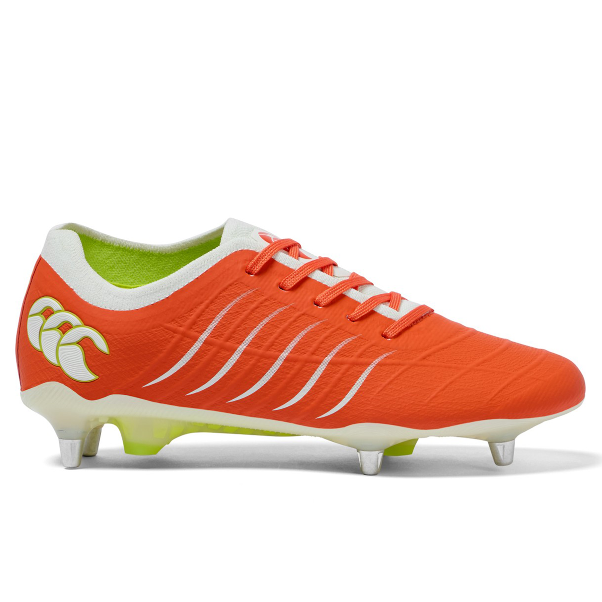The Canterbury Phoenix 2.0 Elite SG rugby boot in Tangerine Tango/Snow White features white laces, white accents, and metal studs, and is displayed in side profile on a white background.