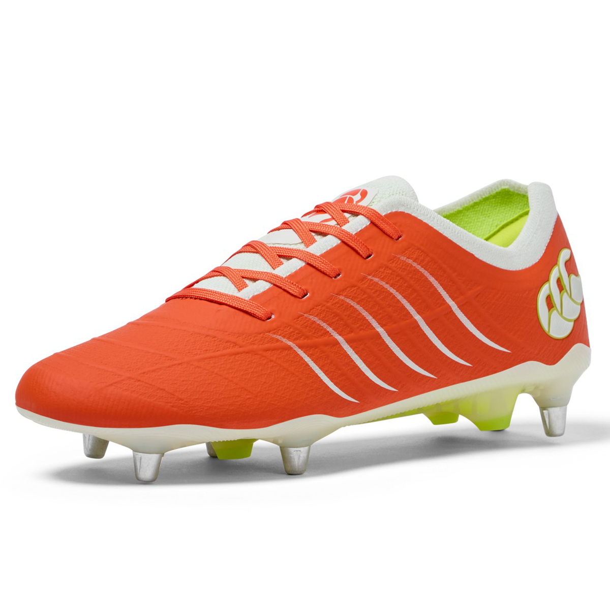 The Canterbury Phoenix 2.0 Elite SG in Tangerine Tango/Snow White features metal studs and a white heel logo—ideal for players seeking top performance on the field.