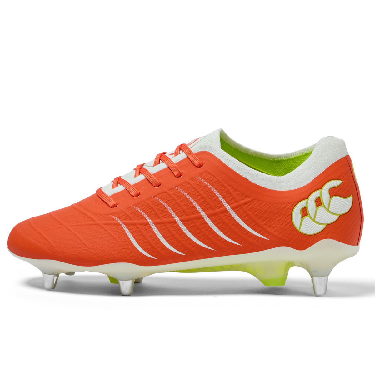 The Canterbury Phoenix 2.0 Elite SG rugby boot in Tangerine Tango/Snow White features bright orange with white laces, yellow accents, metal studs, and a green interior, shown on a white background.