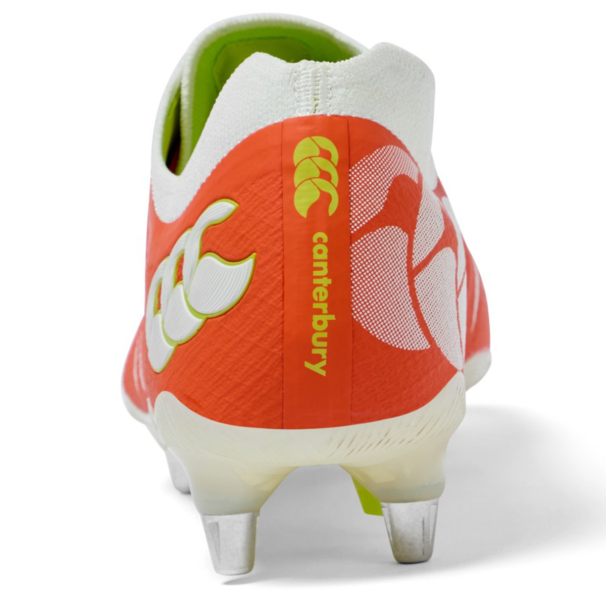 Rear view of the Canterbury Phoenix 2.0 Elite SG rugby boot in Tangerine Tango/Snow White with metal studs and Canterbury branding on the heel.