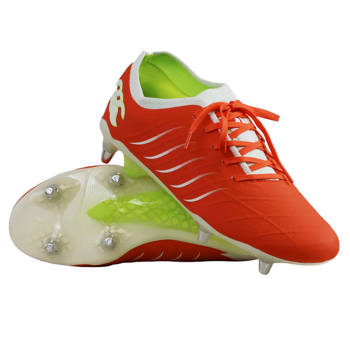 The Canterbury Phoenix 2.0 Elite SG rugby boots by Canterbury in Tangerine Tango/Snow White feature metal studs for top traction and vibrant orange and white-green accents, shown here on a white background.