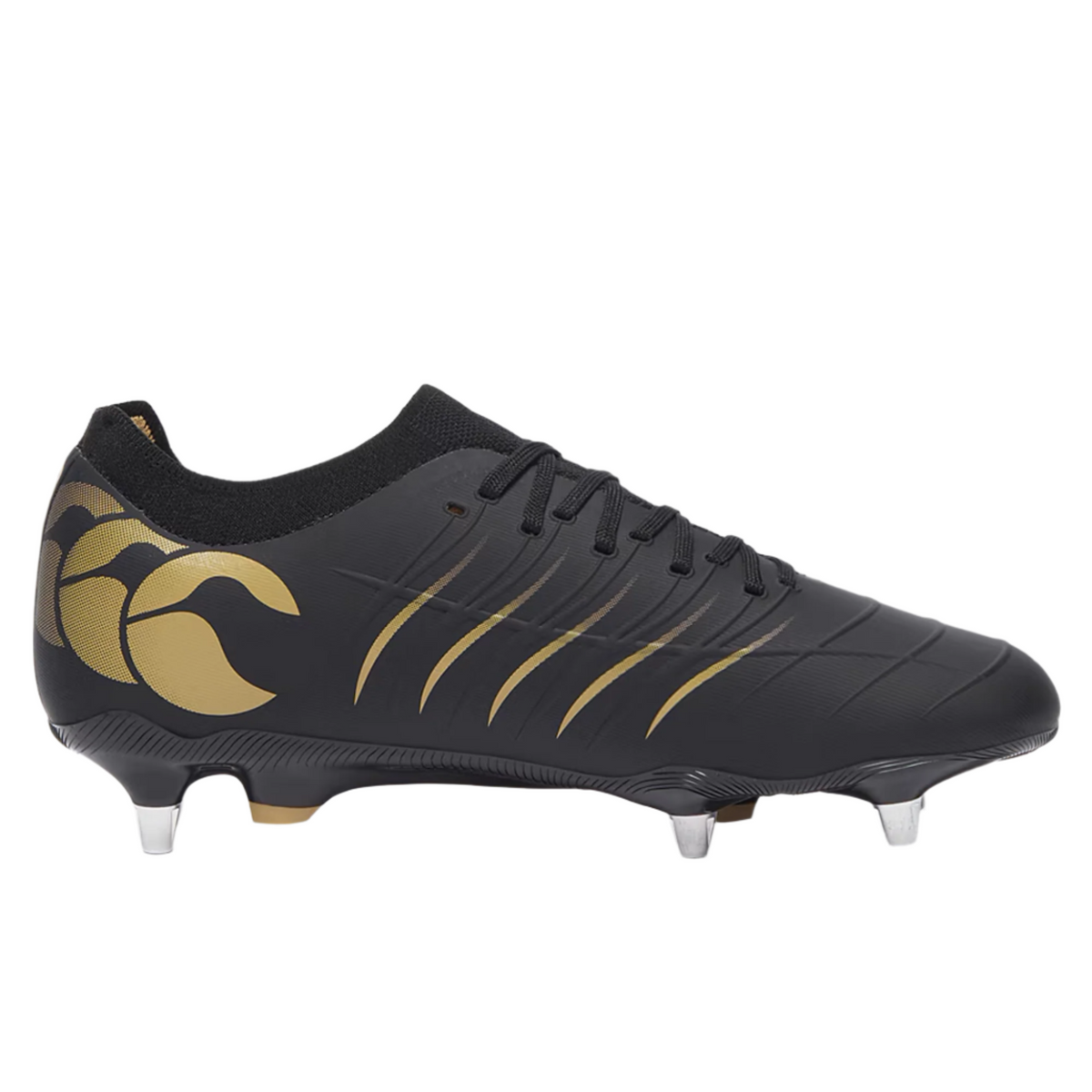 The Canterbury Phoenix 2.0 Pro SG rugby boots in black feature gold accents, a large logo, wavy lines, and metal studs on the sole for soft ground traction.
