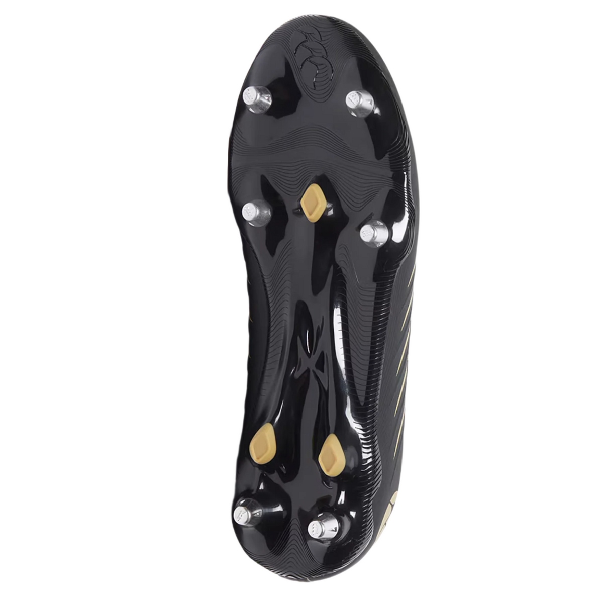 The Canterbury Phoenix 2.0 Pro SG rugby boot in black features a sole with six removable metal studs and three gold plastic studs, making it ideal for soft ground surfaces.
