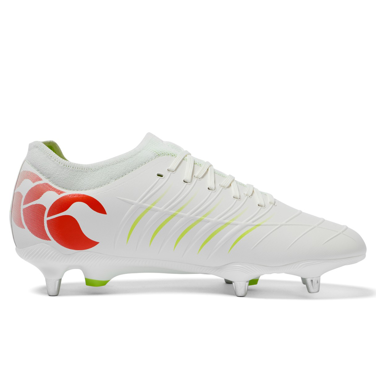 The Canterbury Phoenix 2.0 Pro SG by Canterbury is a snow white soft ground rugby boot with tangerine tango accents, metal studs, and a textured side design.