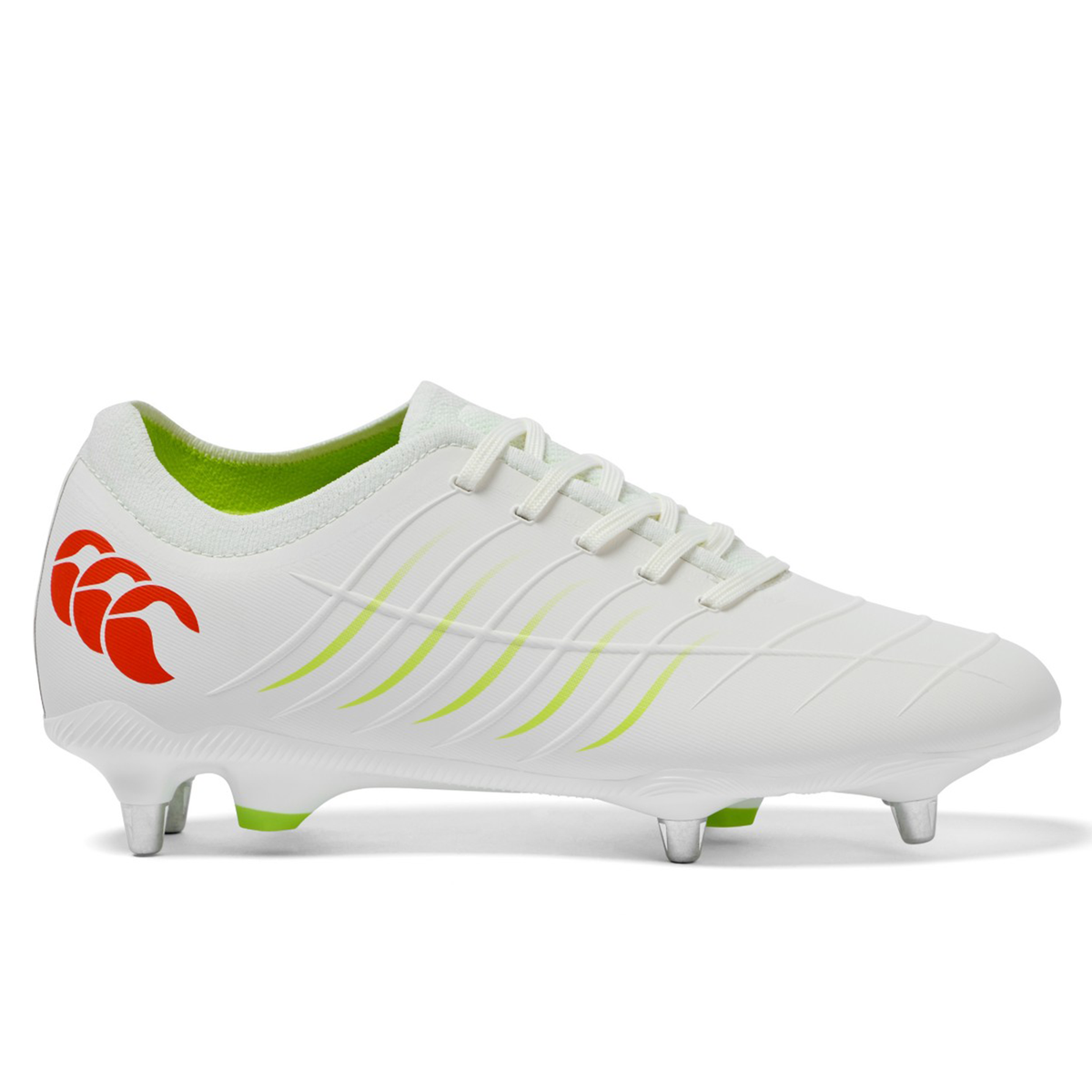 The Canterbury Phoenix 2.0 Pro SG - Snow White/Tangerine Tango rugby boot by Canterbury is a soft ground boot with metal studs, green interior, yellow accents, and a red logo on the heel.