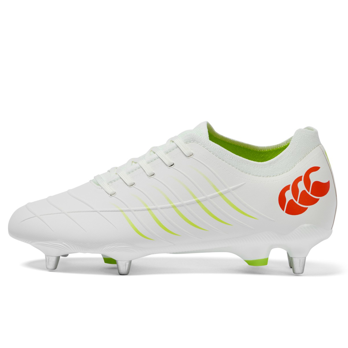 The Canterbury Phoenix 2.0 Pro SG rugby boot in Snow White/Tangerine Tango features lime green accents, silver metal studs, and an orange logo on the heel. Designed for soft ground, it's shown on a plain white background.