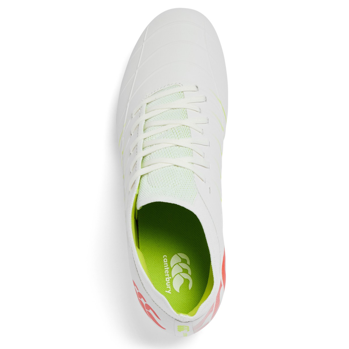 Top view of the Canterbury Phoenix 2.0 Pro SG - Snow White/Tangerine Tango rugby boots by Canterbury, featuring a white upper with light green inner lining, white laces, and the Canterbury logo on the insole.
