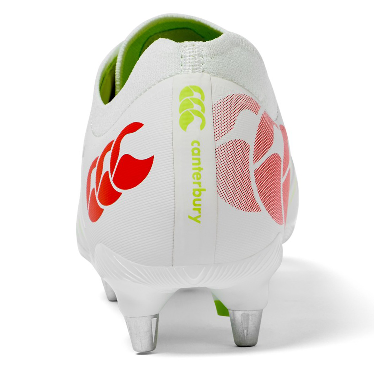 The Canterbury Phoenix 2.0 Pro SG rugby boots in Snow White/Tangerine Tango feature a red and green logo, metal studs on the sole, and are shown from the back.