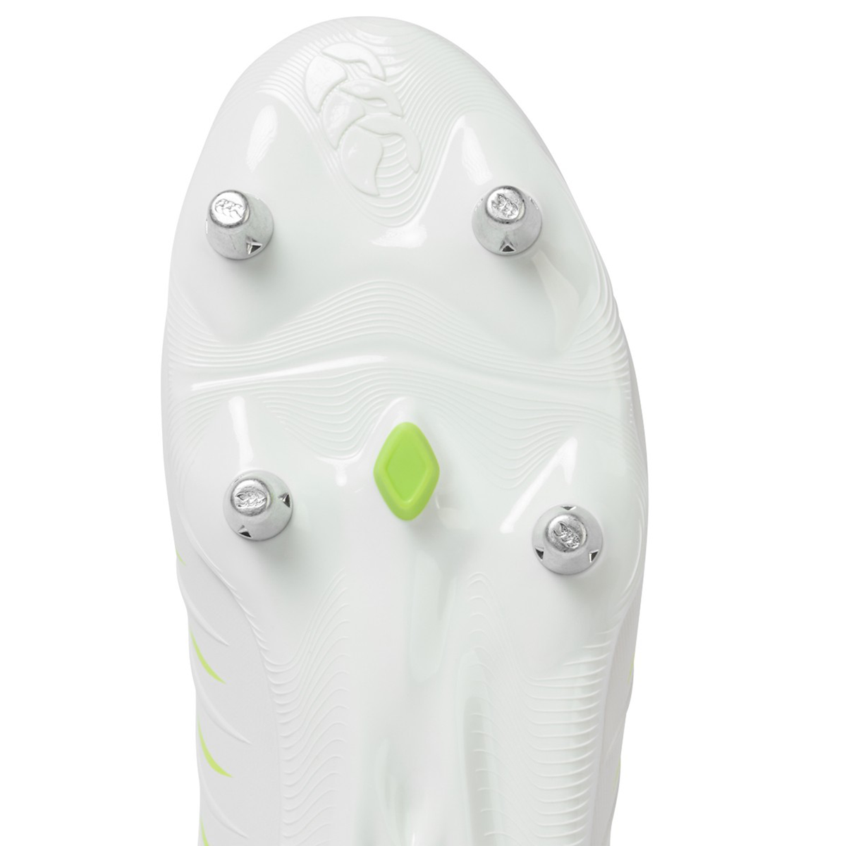 Close-up view of the white sole on the Canterbury Phoenix 2.0 Pro SG - Snow White/Tangerine Tango rugby boots by Canterbury, showing four metal studs and a small green detail in the center.