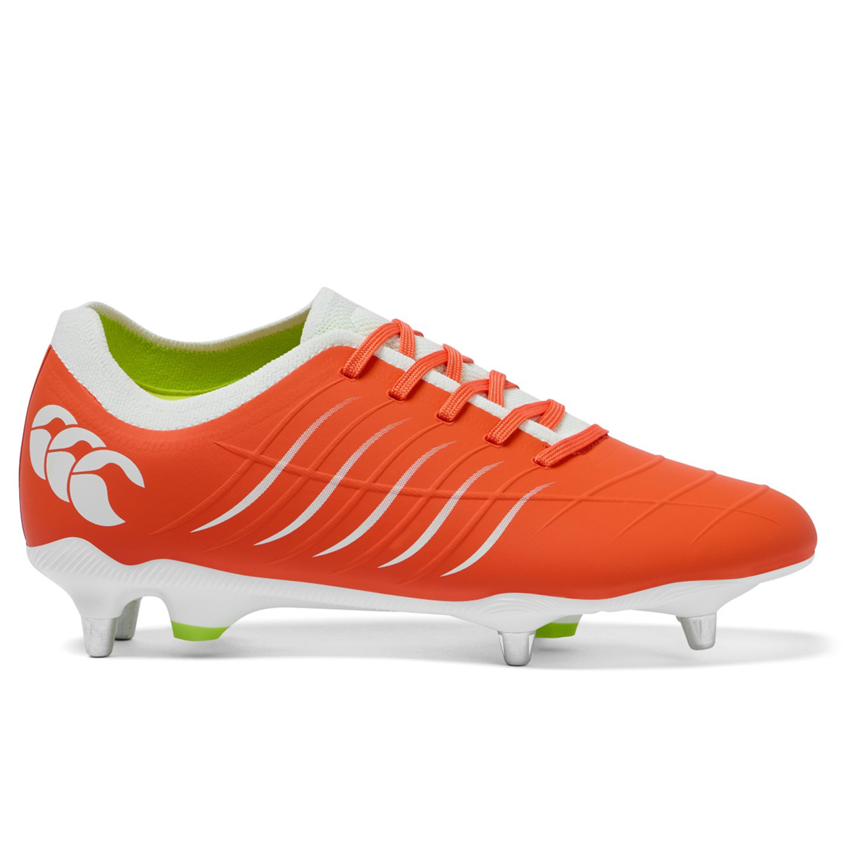 The Canterbury Phoenix 2.0 Pro SG rugby boots in Tangerine Tango/Snow White feature white laces, a white sole with metal studs, and a white heel logo—ideal soft ground boots for top performance, shown on a plain white background.