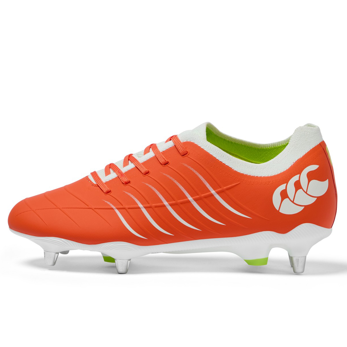 The Canterbury Phoenix 2.0 Pro SG - Tangerine Tango/Snow White by Canterbury is a soft ground rugby boot with metal studs, white laces, and a white logo, displayed on a plain white background.