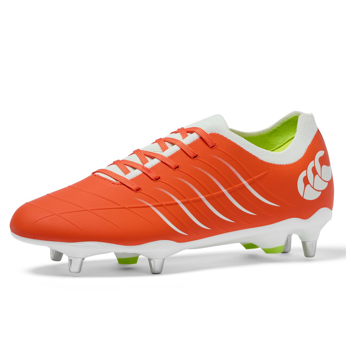 The Canterbury Phoenix 2.0 Pro SG rugby boot in Tangerine Tango/Snow White features a white and green sole, metal studs, white laces, and side logo—ideal soft ground boots for serious players.
