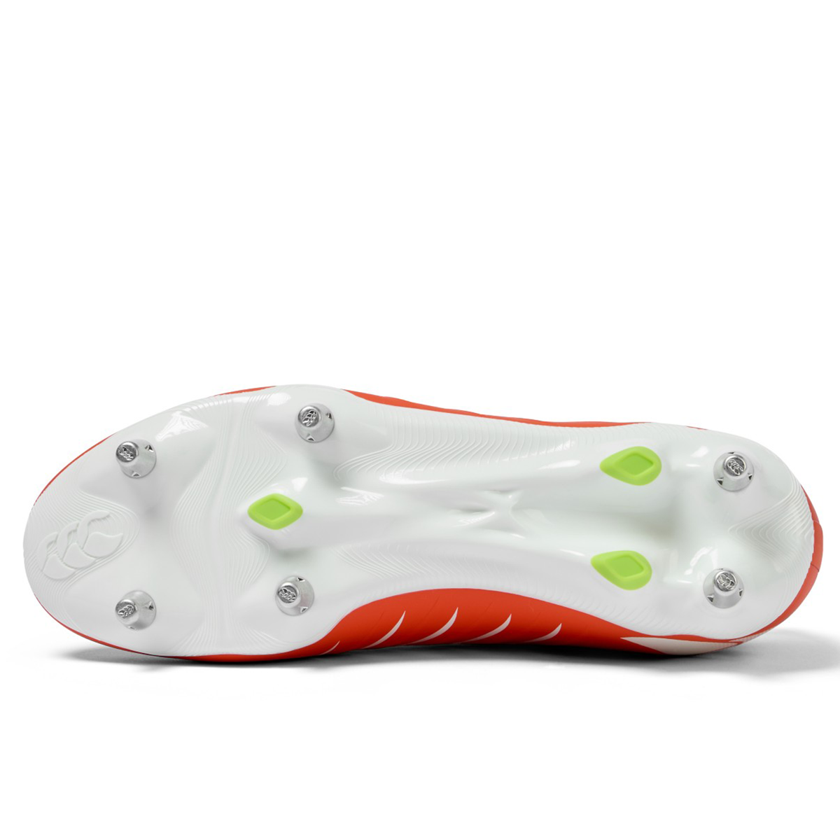 Bottom view of the Canterbury Phoenix 2.0 Pro SG - Tangerine Tango/Snow White rugby boots by Canterbury, featuring a white sole with six metal studs and three green plastic studs for soft ground performance.