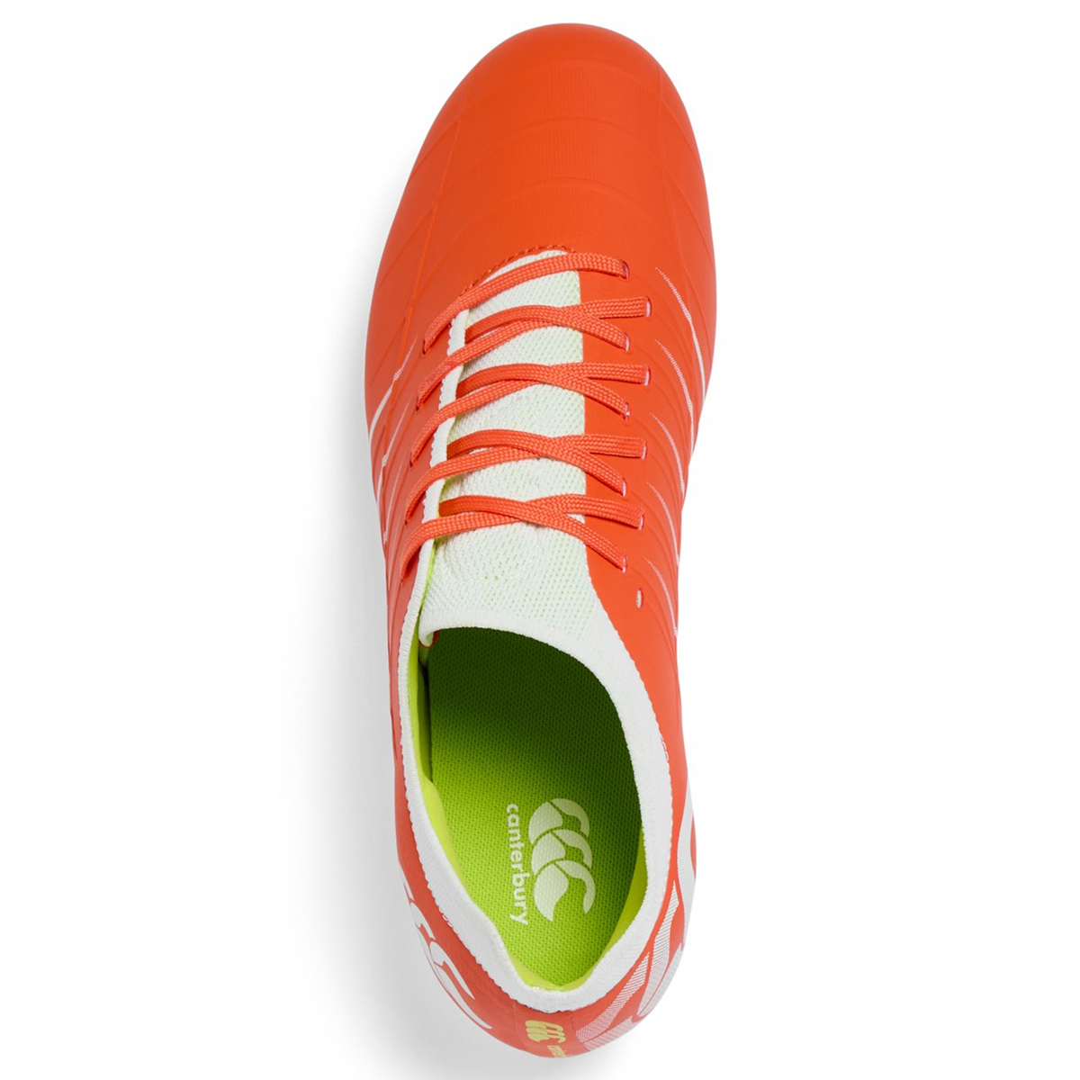 Top view of the Canterbury Phoenix 2.0 Pro SG rugby boots by Canterbury in Tangerine Tango/Snow White, featuring an orange and white design, lime green inner lining, and a white logo on the insole.