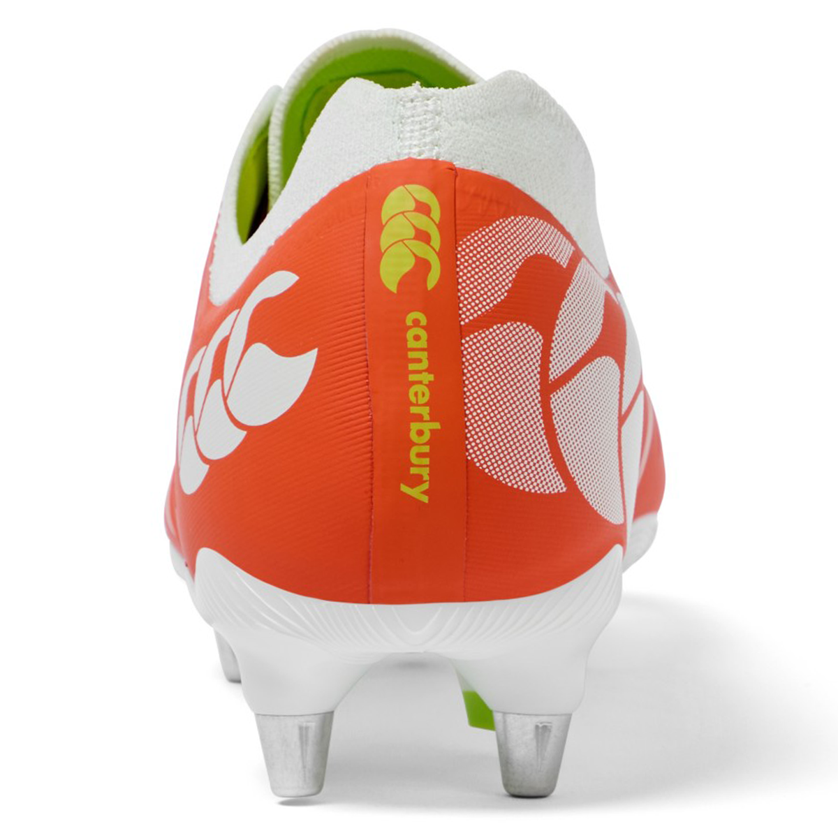A close-up of the Canterbury Phoenix 2.0 Pro SG - Tangerine Tango/Snow White by Canterbury highlights its detailed design, ideal features, and suitability as premium soft ground rugby boots.