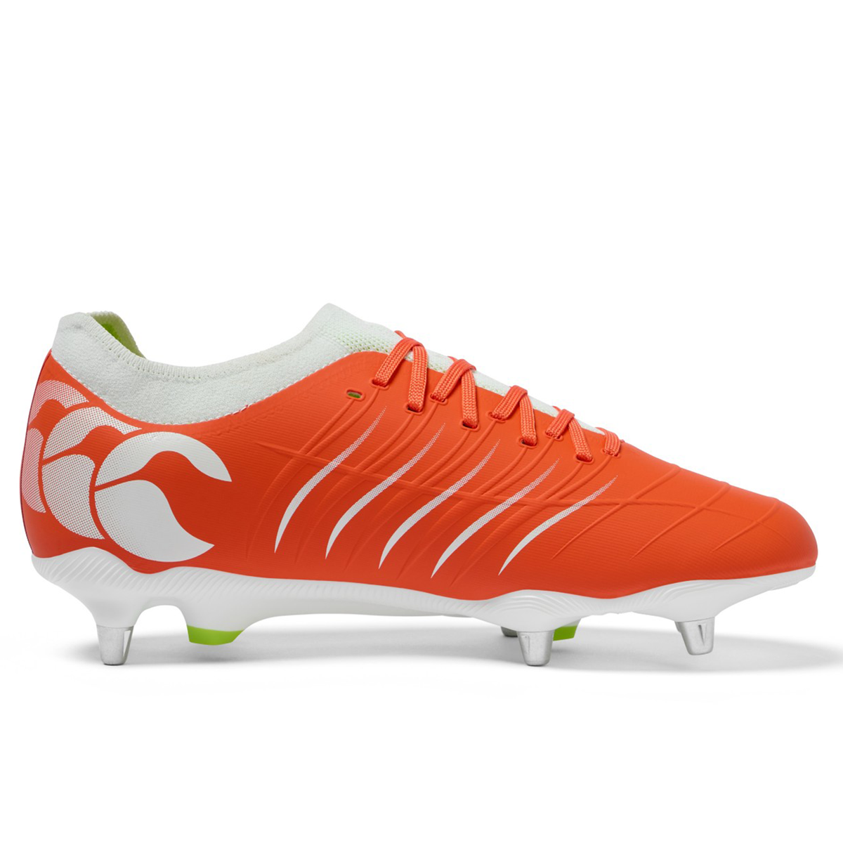 Canterbury Phoenix 2.0 Pro SG rugby boots in Tangerine Tango/Snow White feature metal studs, white laces, and a bold white heel logo.