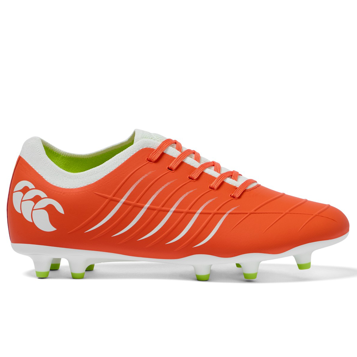 The Canterbury Phoenix 2.0 Pro FG soccer cleat in Tangerine Tango/Snow White features bold orange coloring, white and green accents, a prominent heel logo, and green-tipped studs on the sole.