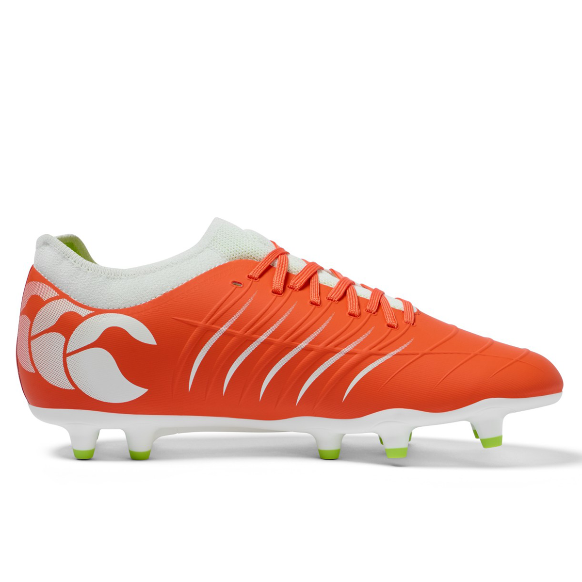 The Canterbury Phoenix 2.0 Pro FG soccer cleat in Tangerine Tango/Snow White features bright colors, with white laces, logo, heel details, and green accents on the studs.