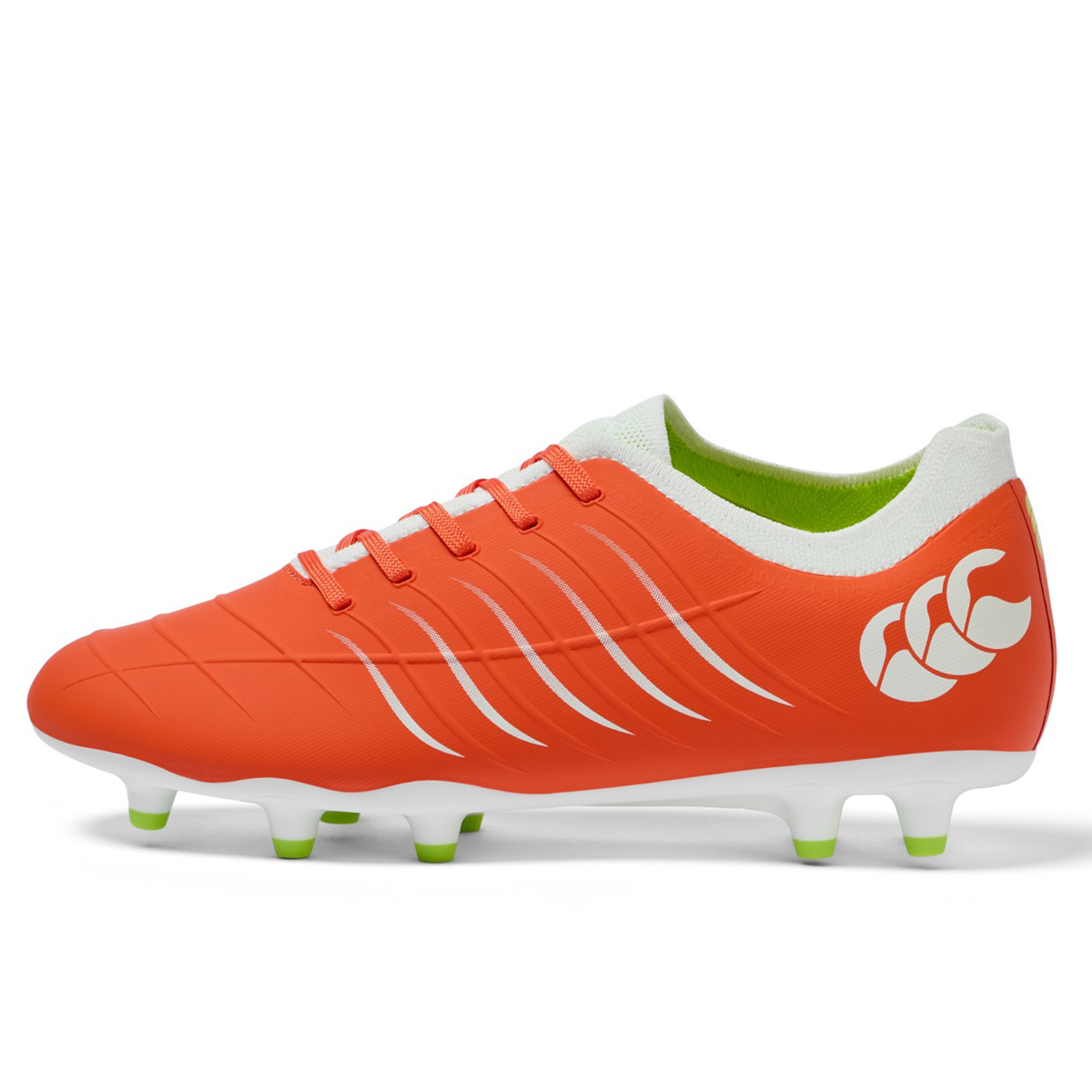 The Canterbury Phoenix 2.0 Pro FG rugby boot by Canterbury, shown in side profile, features a Tangerine Tango/Snow White colorway with white accents, green studs, and the Snow White logo on the side.