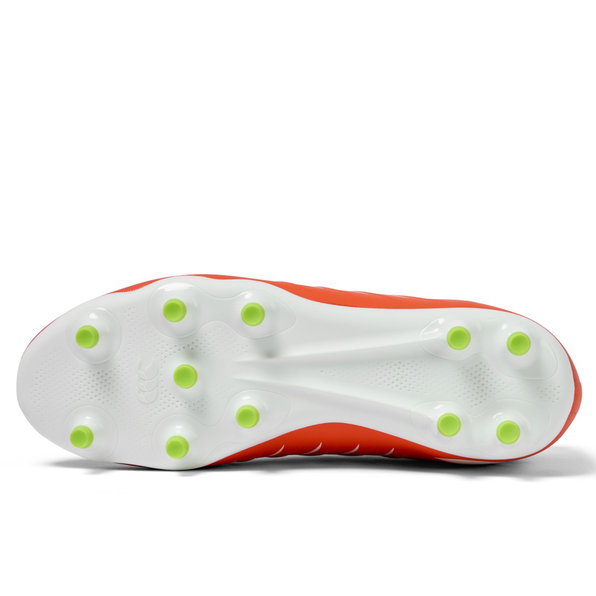 Bottom view of the Canterbury Phoenix 2.0 Pro FG - Tangerine Tango/Snow White by Canterbury, featuring a Snow White sole with twelve green-tipped studs and a striking Tangerine Tango upper.