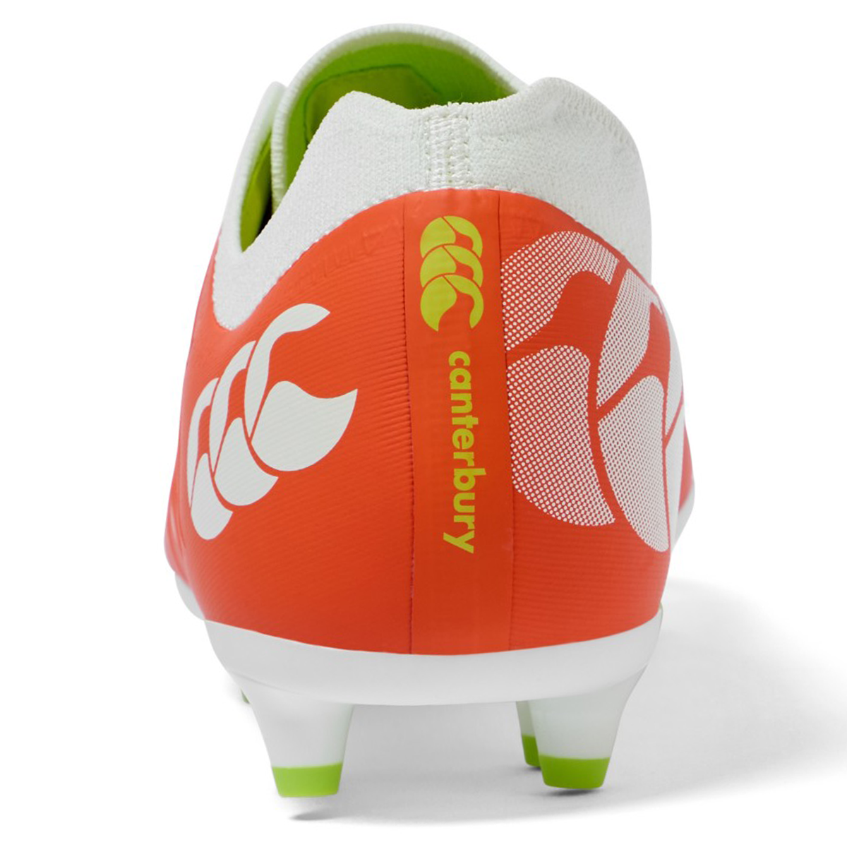 Rear view of the Canterbury Phoenix 2.0 Pro FG rugby boot in Tangerine Tango/Snow White, with green accents and the Canterbury logo and brand name on the heel.