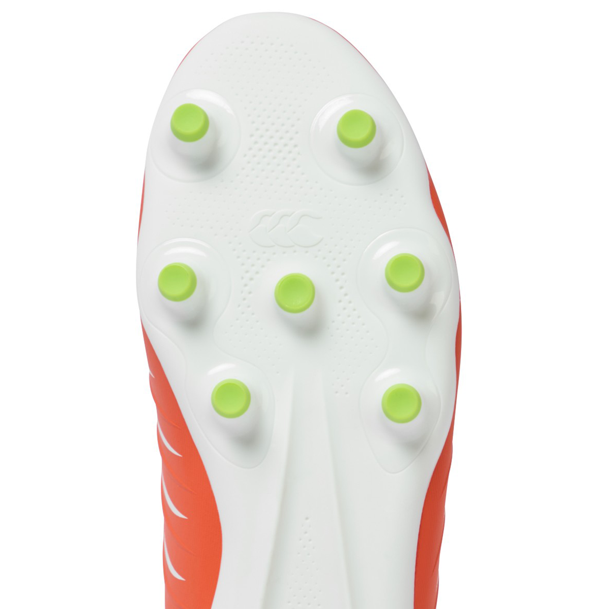 Close-up of the Canterbury Phoenix 2.0 Pro FG sole, showing six lime green studs on a Snow White base with Tangerine Tango sides and textured detailing.