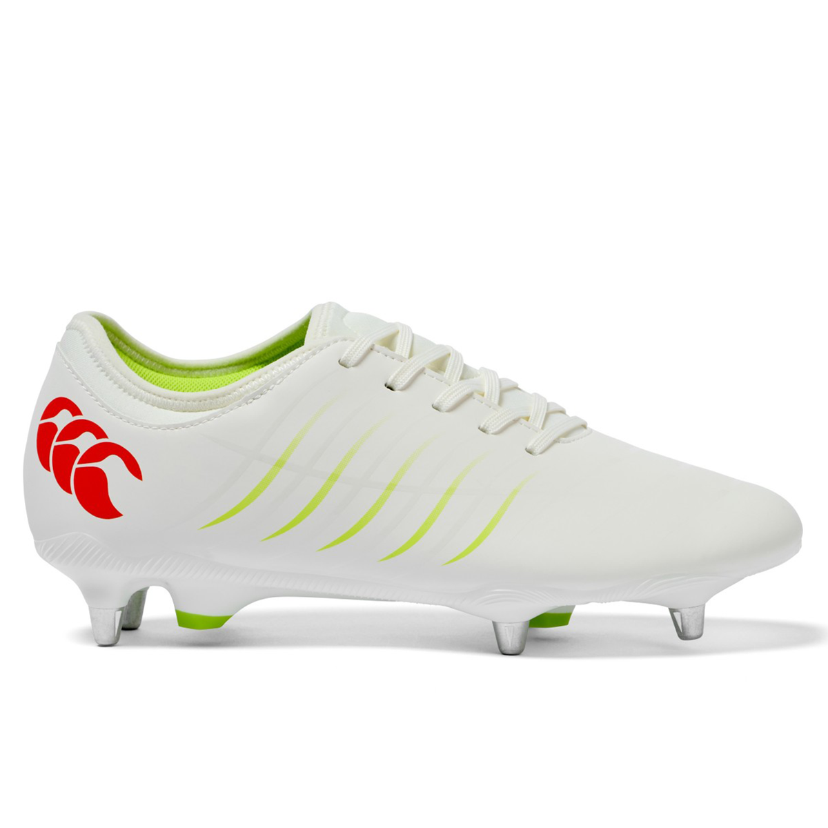 The Canterbury Phoenix 2.0 Team SG in Snow White/Tangerine Tango features metal studs for soft ground, tangerine accents, and a red heel logo—versatile rugby boots from Canterbury designed for top performance.