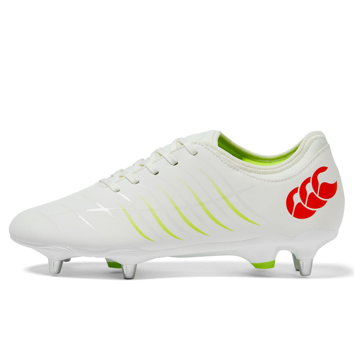The Canterbury Phoenix 2.0 Team SG in Snow White/Tangerine Tango features metal studs, white laces, and a red logo—versatile rugby boots from Canterbury, perfect for soft ground play and shown against a plain background.