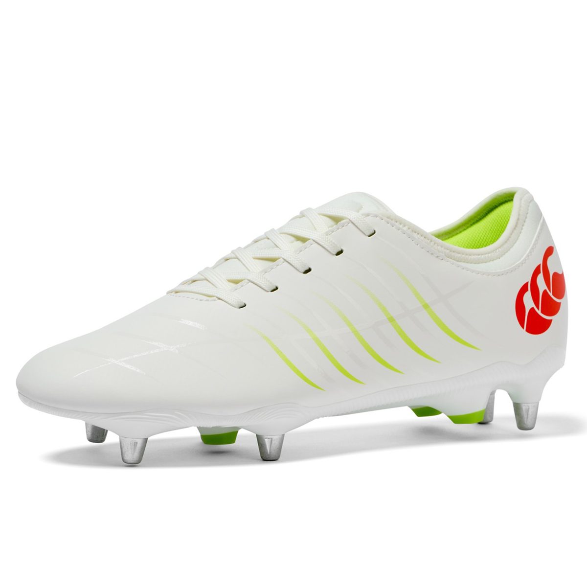 The Canterbury Phoenix 2.0 Team SG rugby boots in Snow White/Tangerine Tango feature metal studs, a lime green interior, stripe details, and a red logo—ideal soft ground boots for players seeking style and performance.