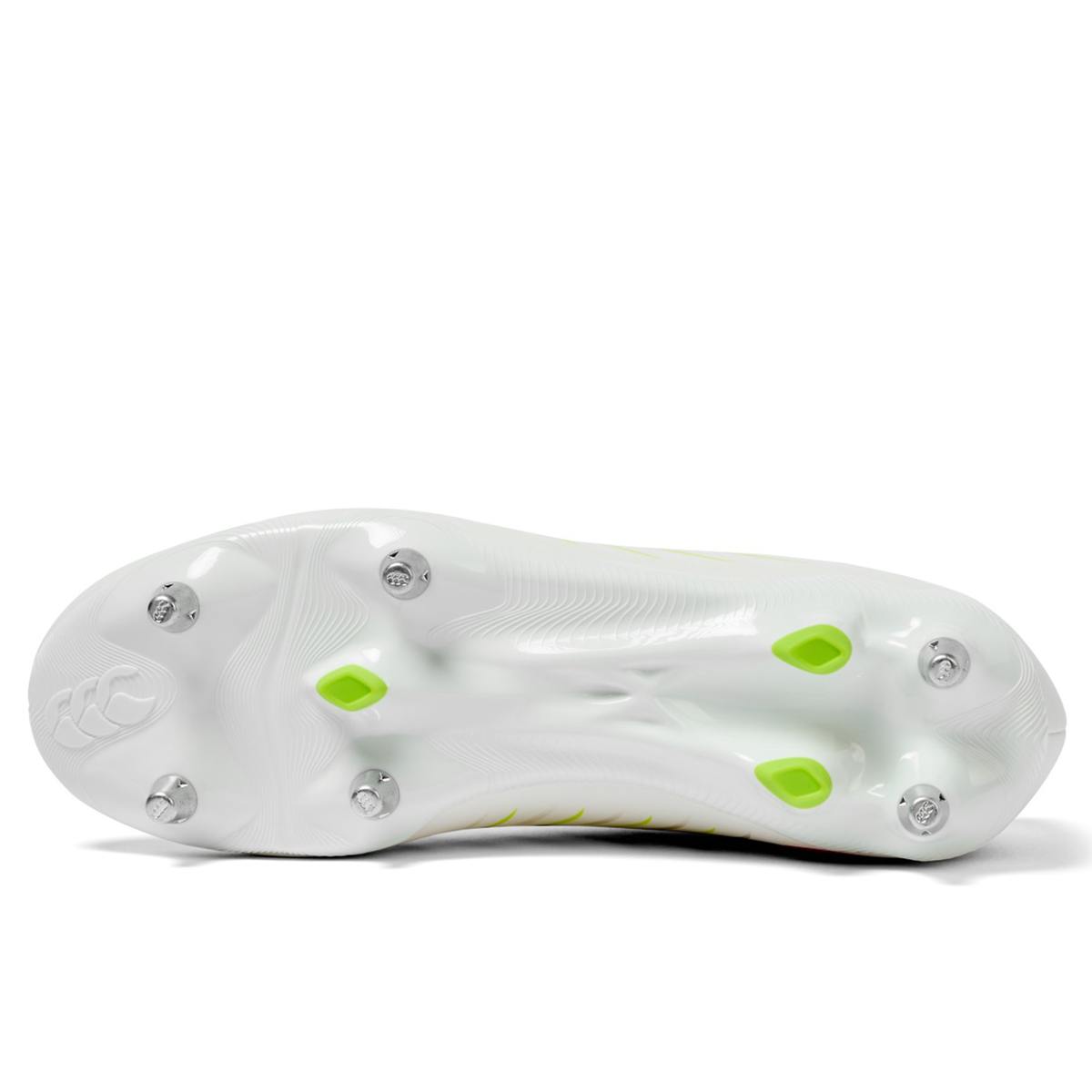 Bottom view of the Canterbury Phoenix 2.0 Team SG rugby boots by Canterbury in Snow White/Tangerine Tango, featuring metal studs and a raised heel logo—ideal soft ground boots for strong performance.