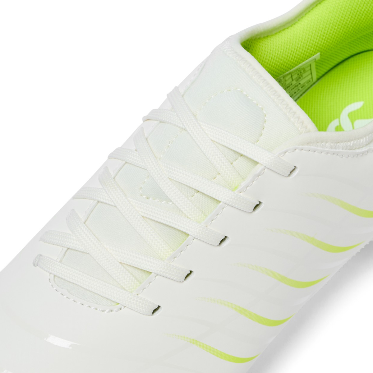 Close-up of the Canterbury Phoenix 2.0 Team SG rugby boot in Snow White/Tangerine Tango, featuring white laces and a sleek design—a versatile choice from Canterbury for any match.